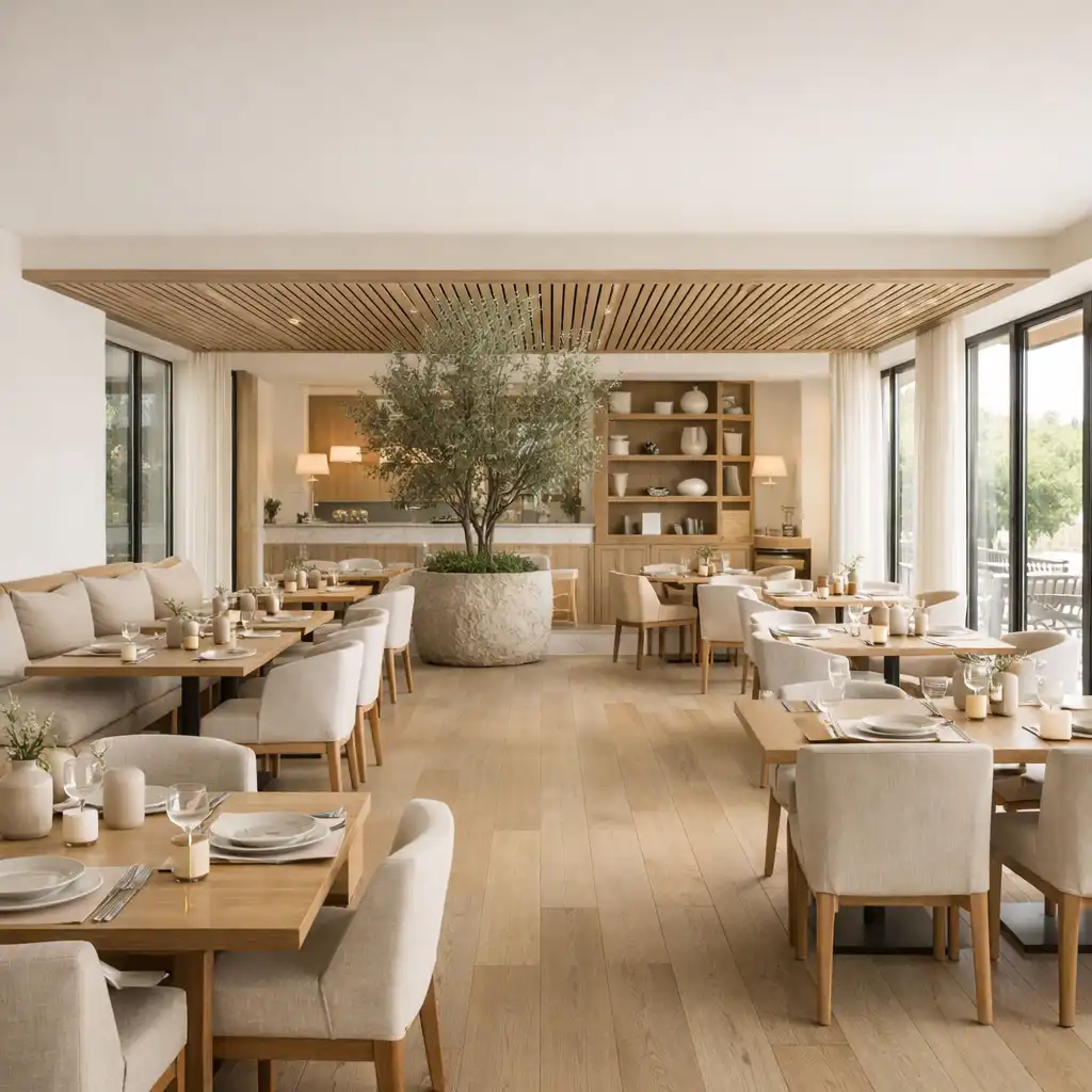 Jasne, eleganckie wnętrze restauracji z naturalnym światłem