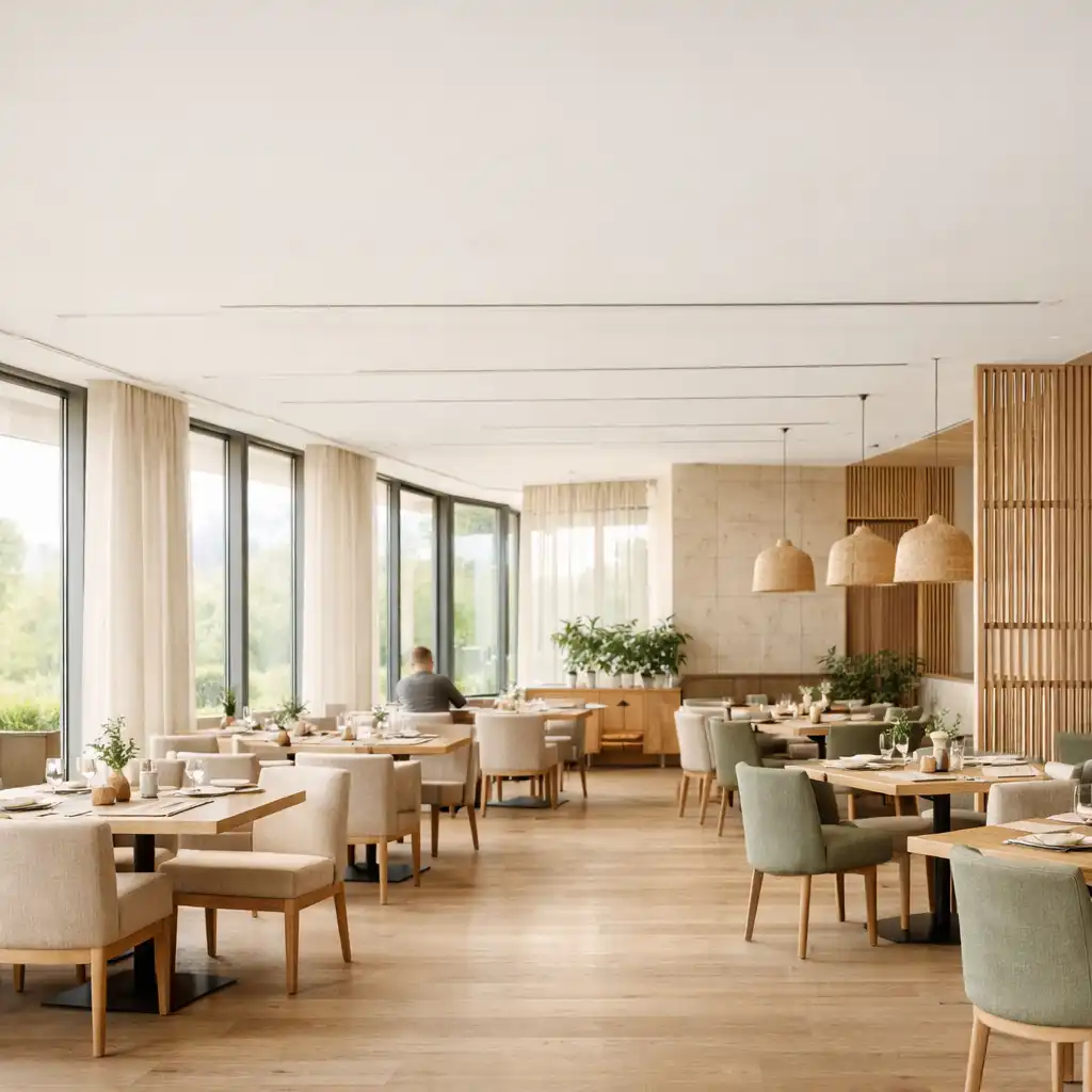 Jasne wnętrze eleganckiej restauracji w świetle dziennym
