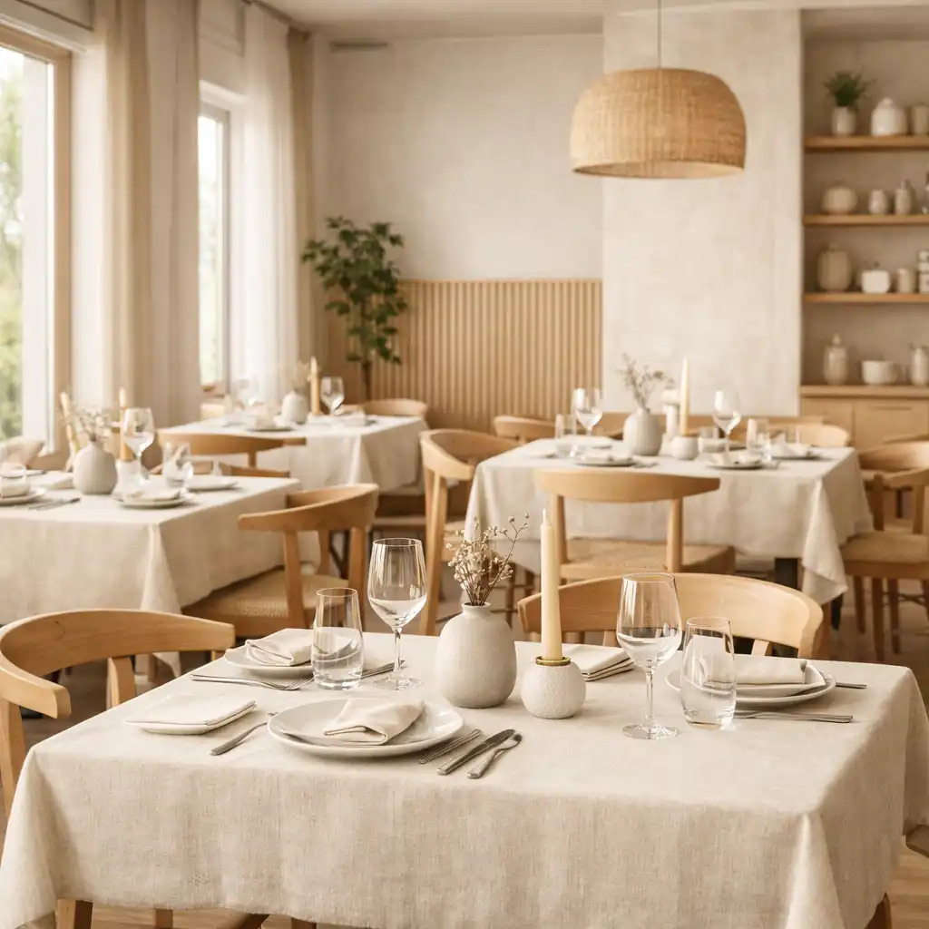 Jasne wnętrze restauracji Nova Rivesta w świetle dziennym