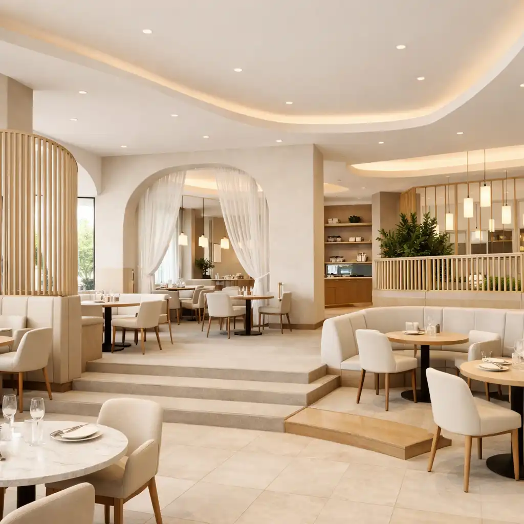 Jasna przestrzeń restauracyjna z wyraźnym podziałem stref