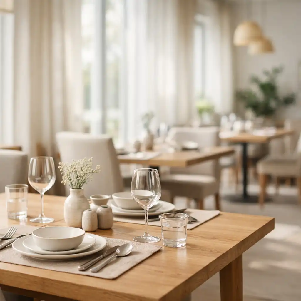 Jasne wnętrze restauracji Nova Rivesta w świetle dziennym